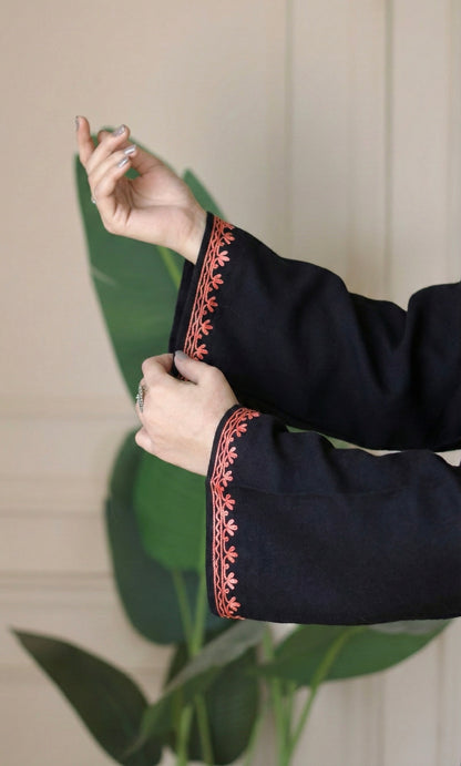 Ember Rose Black Aari Embroidered Fine Cashmilon Pheran