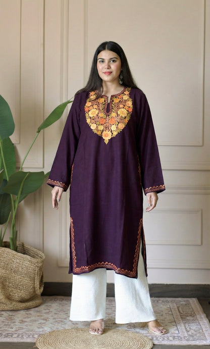 Wine Saffron Ember Aari Embroidered Fine Cashmilon Pheran