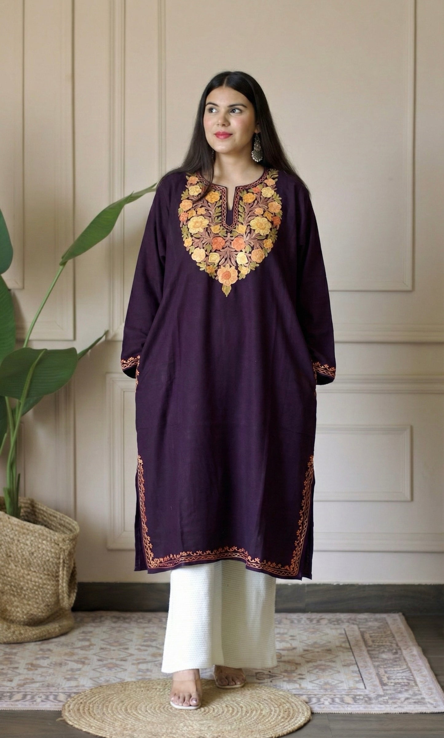 Wine Saffron Ember Aari Embroidered Fine Cashmilon Pheran