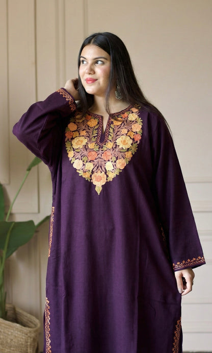 Wine Saffron Ember Aari Embroidered Fine Cashmilon Pheran