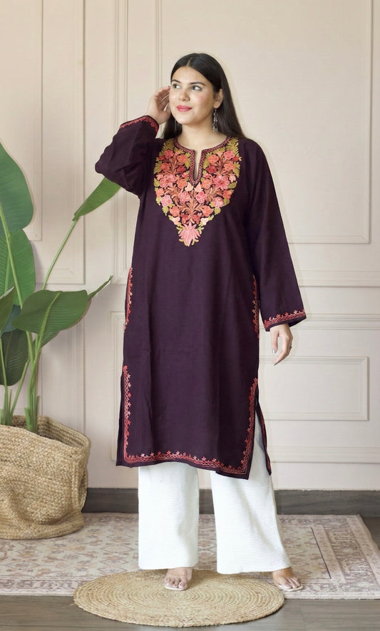 Wine Rose Ember Aari Embroidered Fine Cashmilon Pheran