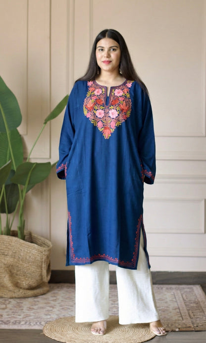 Blue Rose Bloom Aari Embroidered Fine Cashmilon Pheran
