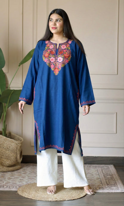 Blue Rose Bloom Aari Embroidered Fine Cashmilon Pheran