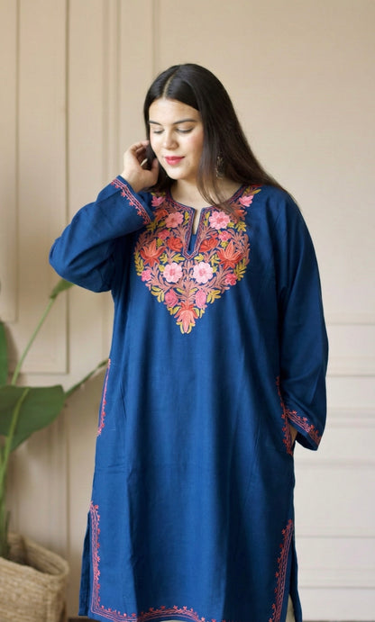 Blue Rose Bloom Aari Embroidered Fine Cashmilon Pheran