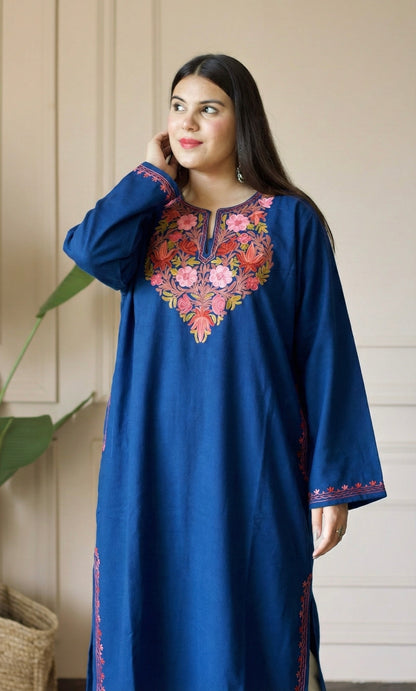 Blue Rose Bloom Aari Embroidered Fine Cashmilon Pheran