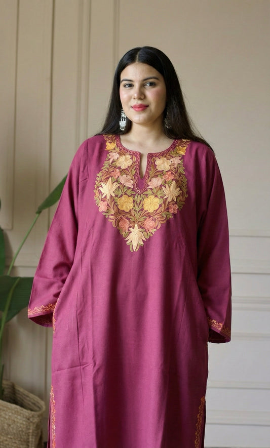 Rosy Marigold Bloom Aari Embroidered Fine Cashmilon Pheran