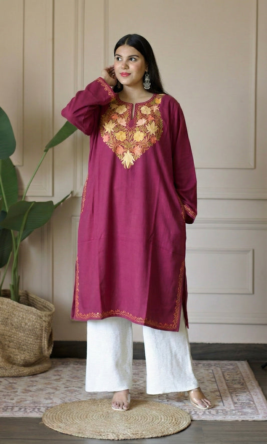 Rosy Marigold Bloom Aari Embroidered Fine Cashmilon Pheran