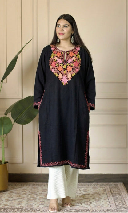 Black Saffron Rose Aari Embroidered Fine Cashmilon Pheran