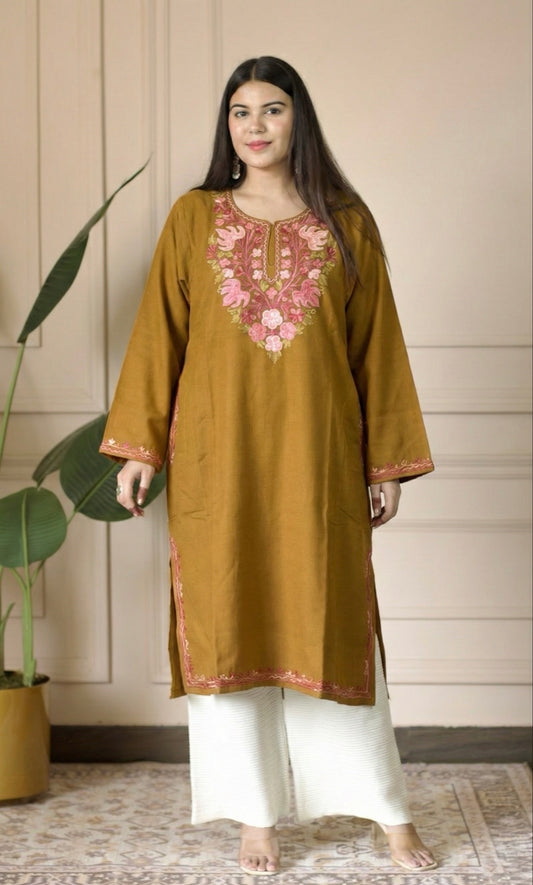 Deep Mustard Rose Ember Aari Embroidered Fine Cashmilon Pheran