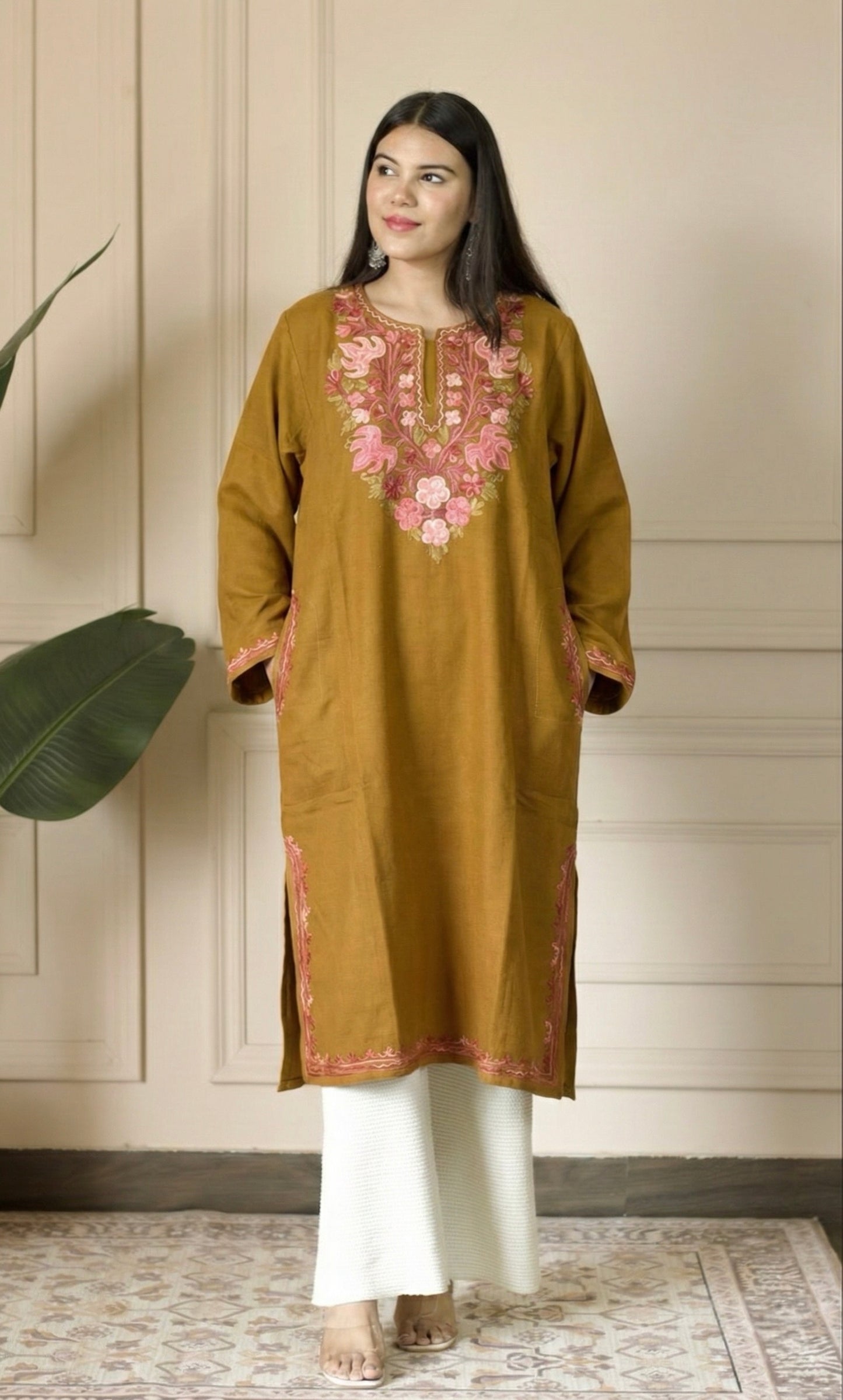 Deep Mustard Rose Ember Aari Embroidered Fine Cashmilon Pheran