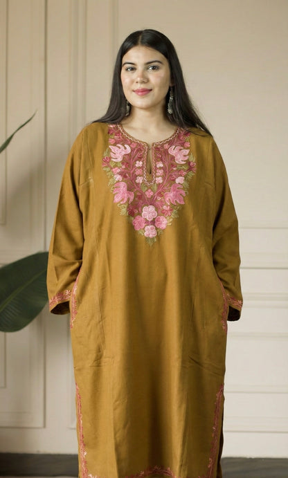 Deep Mustard Rose Ember Aari Embroidered Fine Cashmilon Pheran