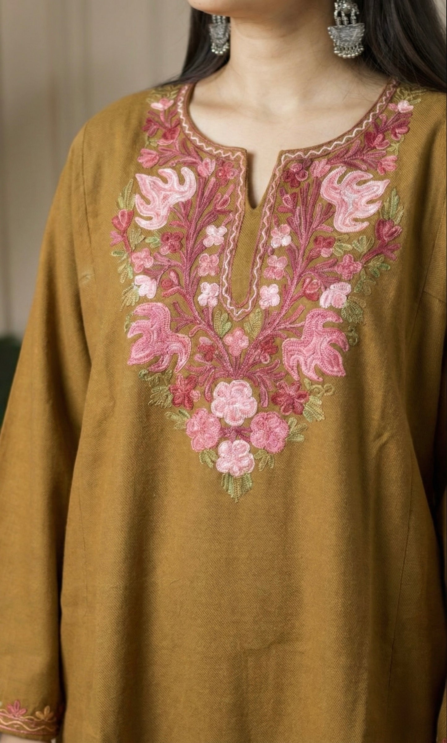 Deep Mustard Rose Ember Aari Embroidered Fine Cashmilon Pheran