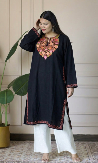 Sunset Bloom Black Aari Embroidered Fine Cashmilon Pheran