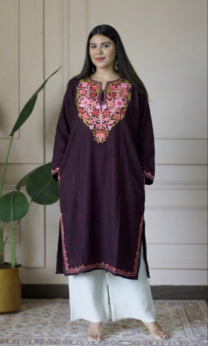 Deep Wine Rose Ember Aari Embroidered Fine Cashmilon Pheran