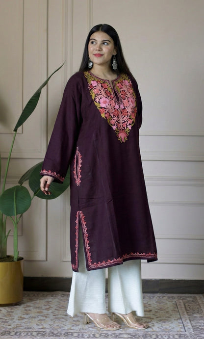 Deep Wine Rose Ember Aari Embroidered Fine Cashmilon Pheran
