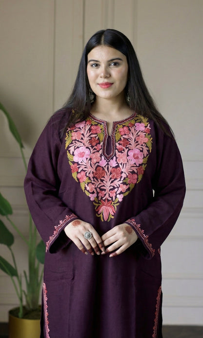 Deep Wine Rose Ember Aari Embroidered Fine Cashmilon Pheran