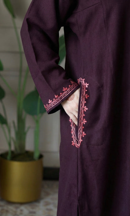 Deep Wine Rose Ember Aari Embroidered Fine Cashmilon Pheran