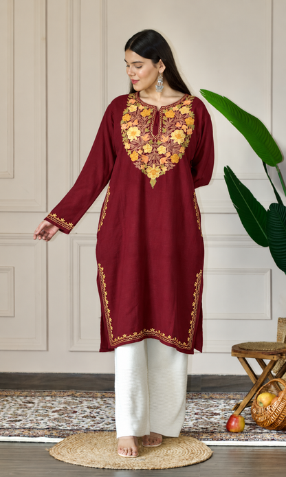 Maroon Saffron Bloom Aari Embroidered Fine Cashmilon Pheran