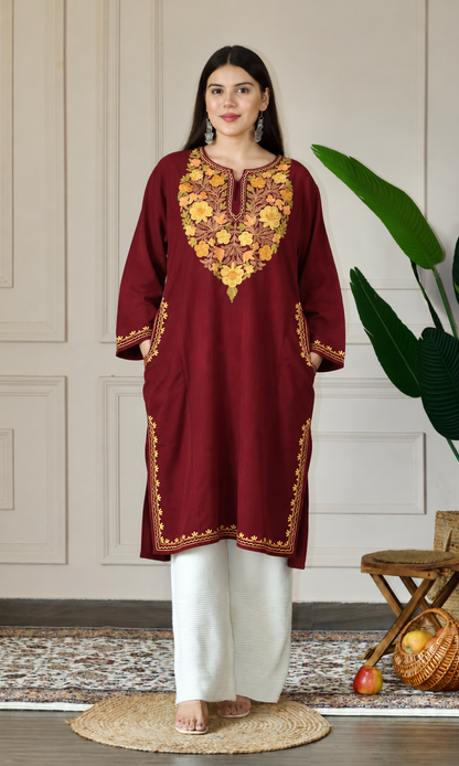 Maroon Saffron Bloom Aari Embroidered Fine Cashmilon Pheran