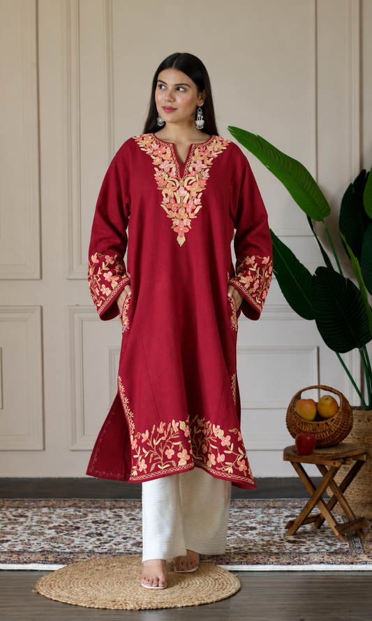 Maroon Rose Gold Aari Embroidered Fine Cashmilon Pheran