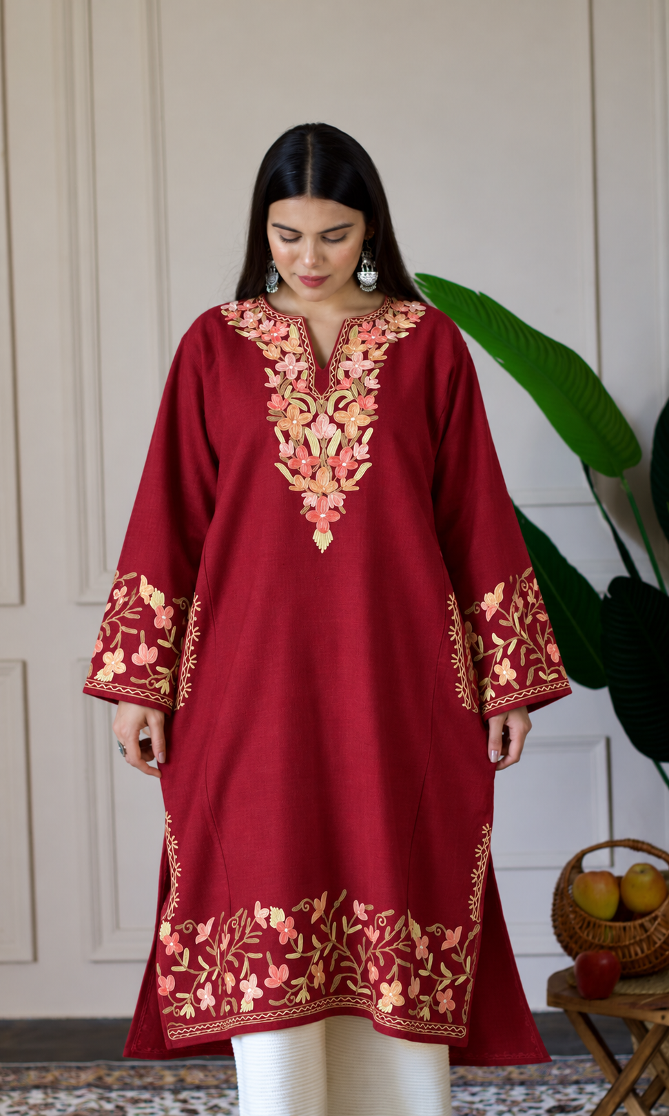 Maroon Rose Gold Aari Embroidered Fine Cashmilon Pheran