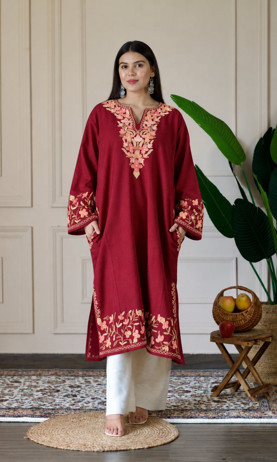 Maroon Rose Gold Aari Embroidered Fine Cashmilon Pheran