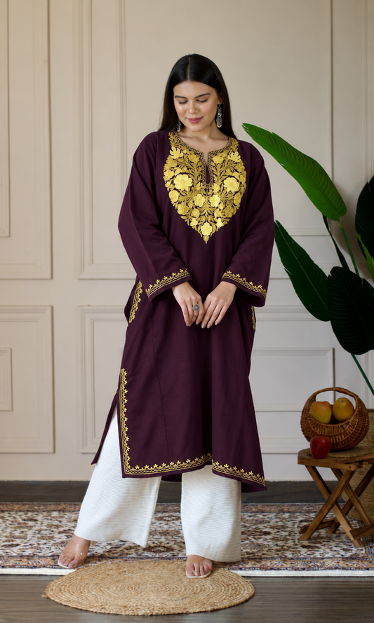 Deep Wine Sage Gold Aari Embroidered Fine Cashmilon Pheran