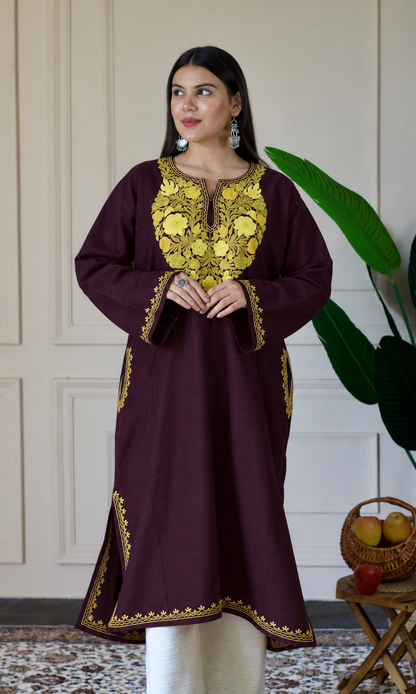 Deep Wine Sage Gold Aari Embroidered Fine Cashmilon Pheran