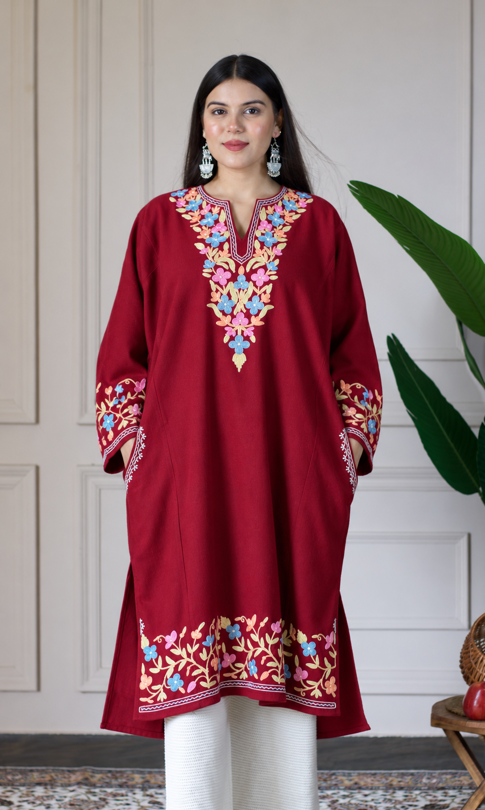 Maroon Sapphire Bloom Aari Embroidered Fine Cashmilon Pheran