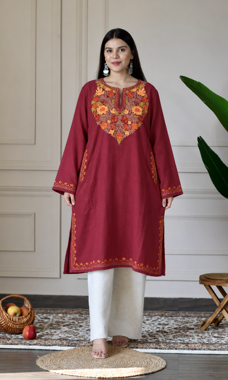 Dusty Rose Bloom Aari Embroidered Fine Cashmilon Pheran