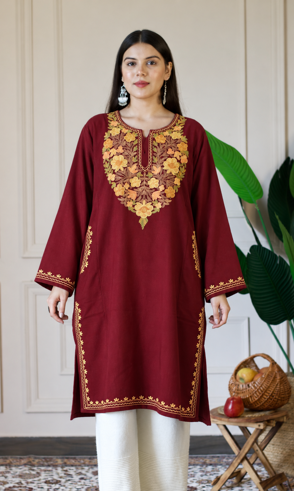 Maroon Saffron Bloom Aari Embroidered Fine Cashmilon Pheran