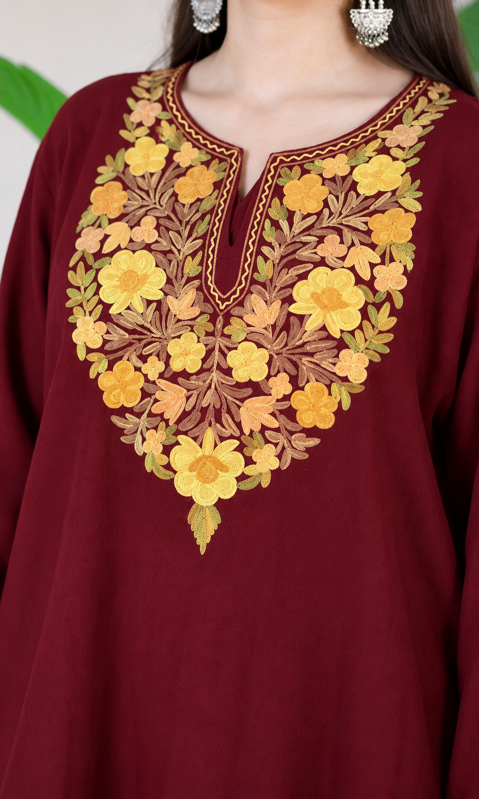 Maroon Saffron Bloom Aari Embroidered Fine Cashmilon Pheran