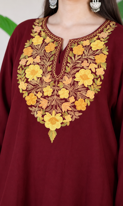 Maroon Saffron Bloom Aari Embroidered Fine Cashmilon Pheran