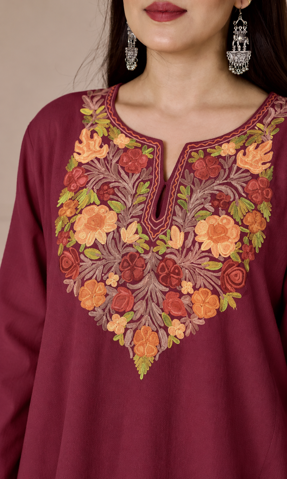 Dusty Rose Bloom Aari Embroidered Fine Cashmilon Pheran