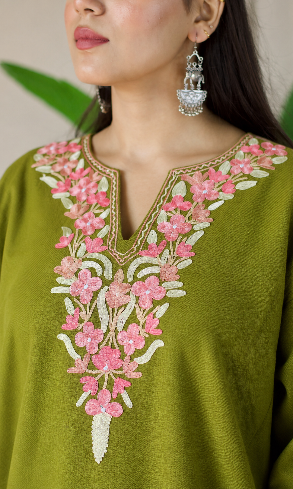 Lime Blush Petals Aari Embroidered Fine Cashmilon Pheran