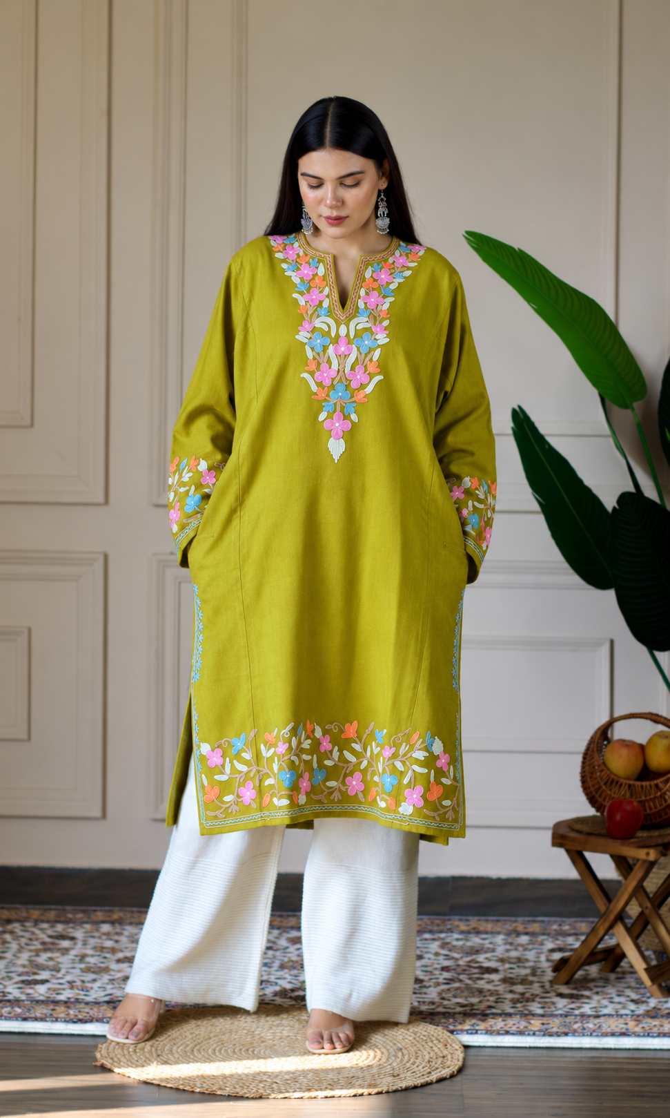 Lime Ruby Bloom Aari Embroidered Fine Cashmilon Pheran