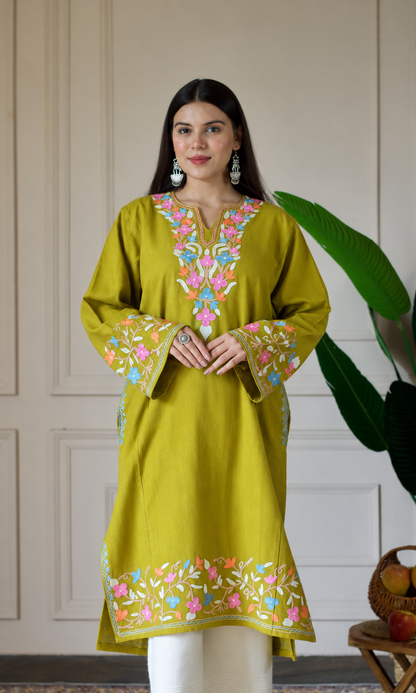 Lime Ruby Bloom Aari Embroidered Fine Cashmilon Pheran