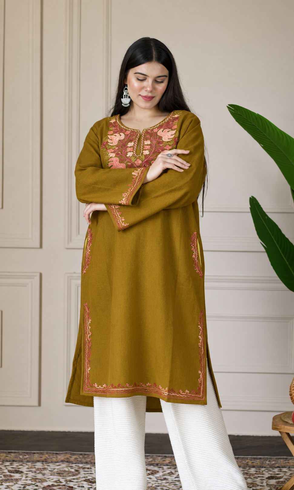 Deep Mustard Rose Ember Aari Embroidered Fine Cashmilon Pheran