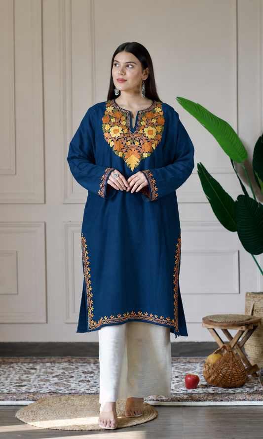 Sunfire Bloom Blue Aari Embroidered Fine Cashmilon Pheran