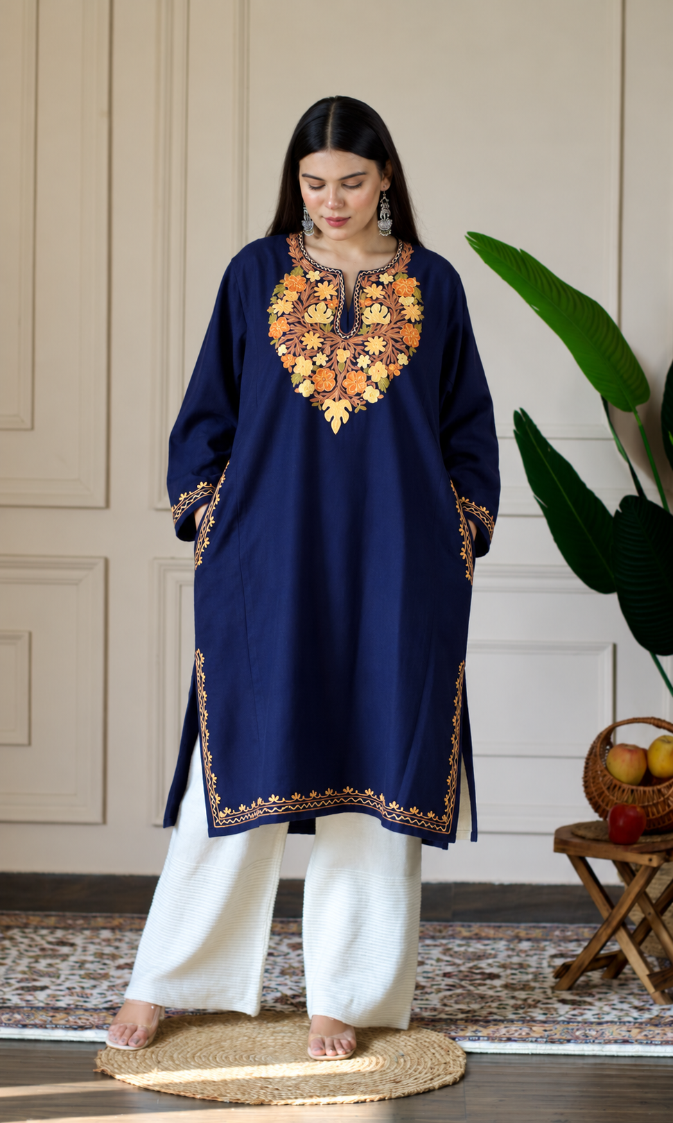 Saffron Glow Navy Blue Aari Embroidered Fine Cashmilon Pheran