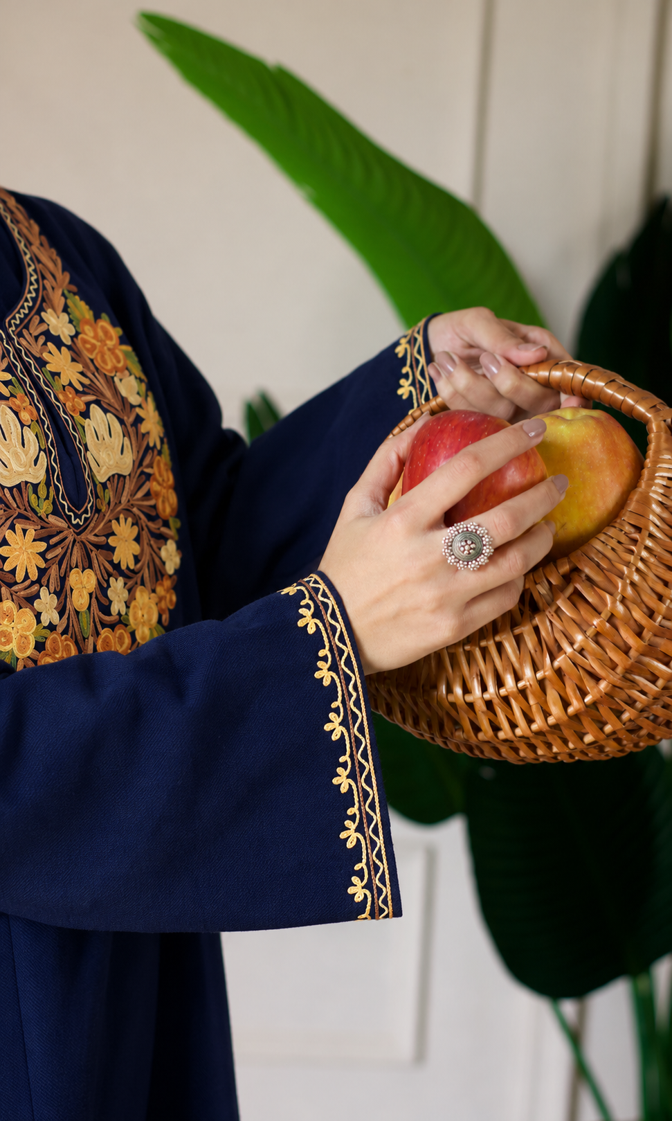 Saffron Glow Navy Blue Aari Embroidered Fine Cashmilon Pheran