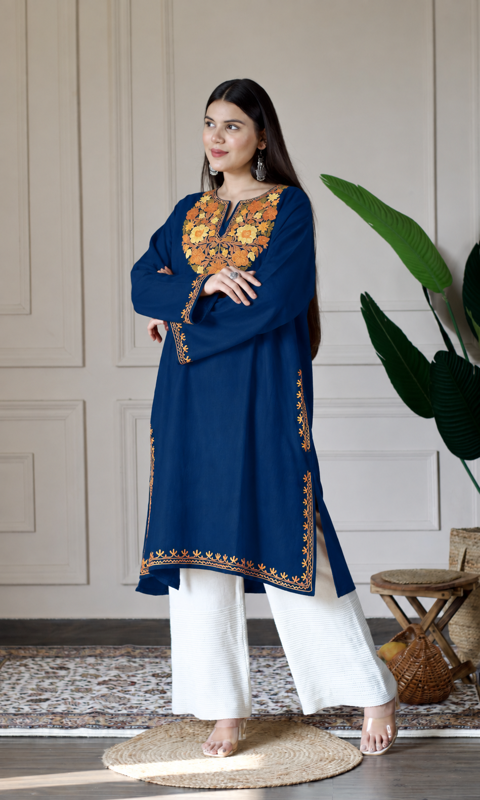 Sunfire Bloom Blue Aari Embroidered Fine Cashmilon Pheran