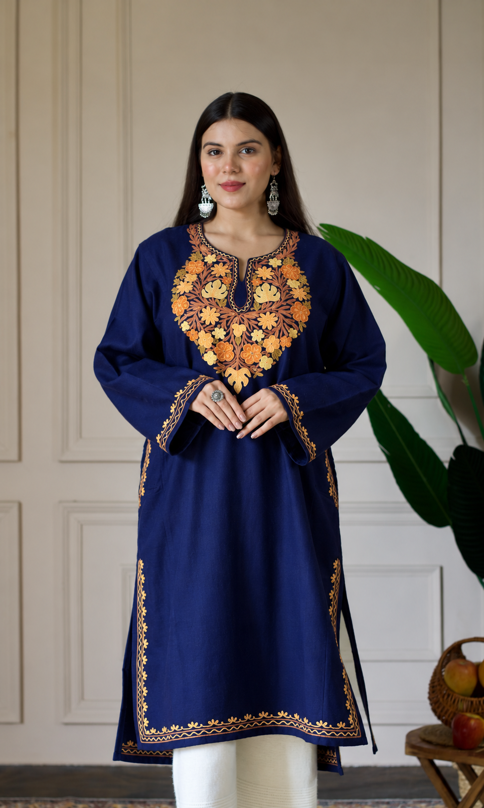 Saffron Glow Navy Blue Aari Embroidered Fine Cashmilon Pheran