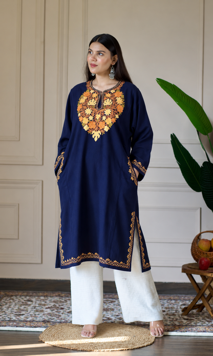 Saffron Glow Navy Blue Aari Embroidered Fine Cashmilon Pheran