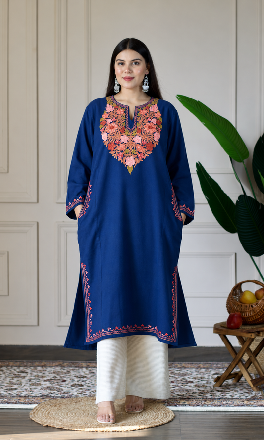 Blue Rose Bloom Aari Embroidered Fine Cashmilon Pheran