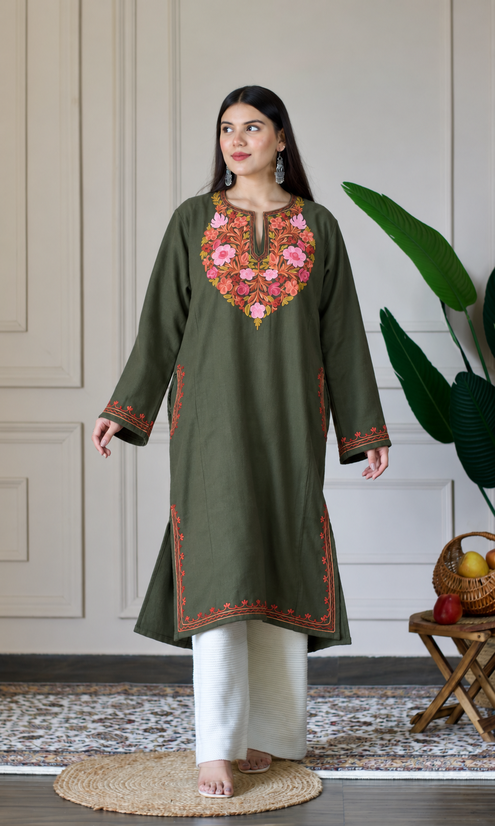 Dark Olive Blush Aari Embroidered Fine Cashmilon Pheran