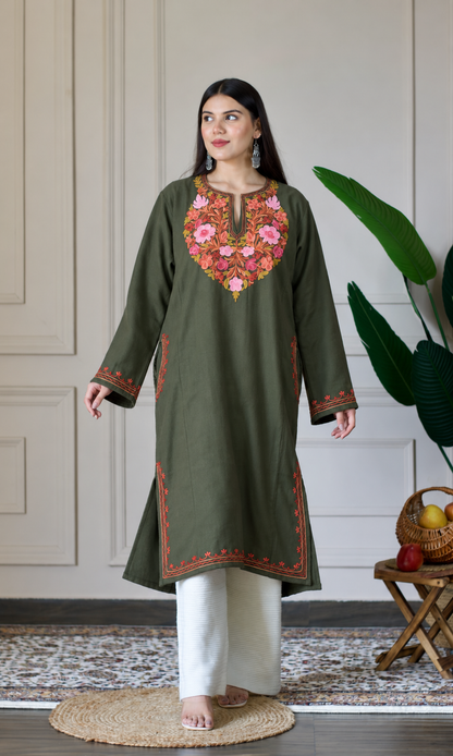 Dark Olive Blush Aari Embroidered Fine Cashmilon Pheran