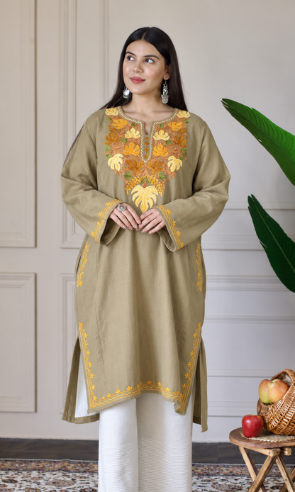 Beige Marigold Aari Embroidered Fine Cashmilon Pheran