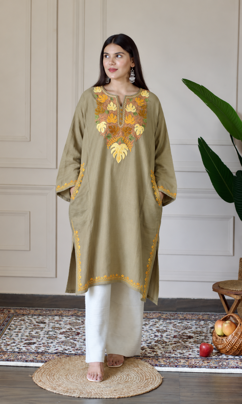 Beige Marigold Aari Embroidered Fine Cashmilon Pheran