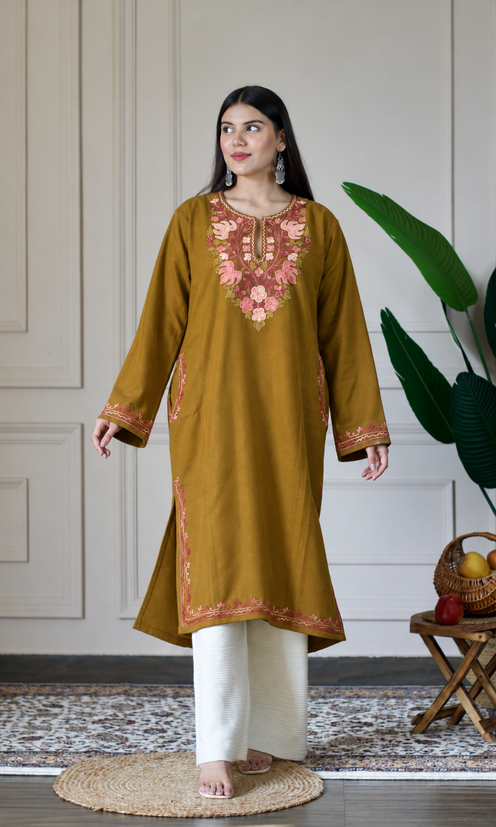 Deep Mustard Rose Ember Aari Embroidered Fine Cashmilon Pheran